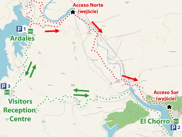 Mapa szlaku El Caminito del Rey z zaznaczonymi parkingami (P1, P2, P3), wejściami (Acceso Norte, Acceso Sur) i centrum recepcyjnym.