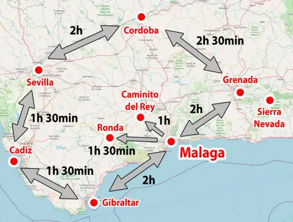 Mapa drogowa Andaluzji: trasa z Sewilli do Kordoby (2h), Malagi (2h), Grenady (2h 30min) i innych miast.
