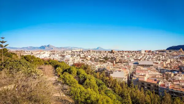 Widok na miasto Alicante z zielonymi wzgórzami. Idealne miejsce na wakacyjne alicante noclegi.